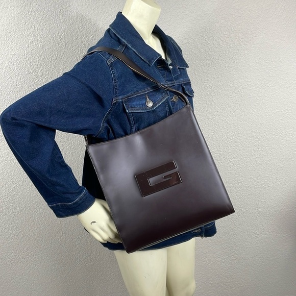 Vintage Gucci Structured Sleek Dark Brown Leather Shoulder Bag Tom Ford Square G - Picture 1 of 17
